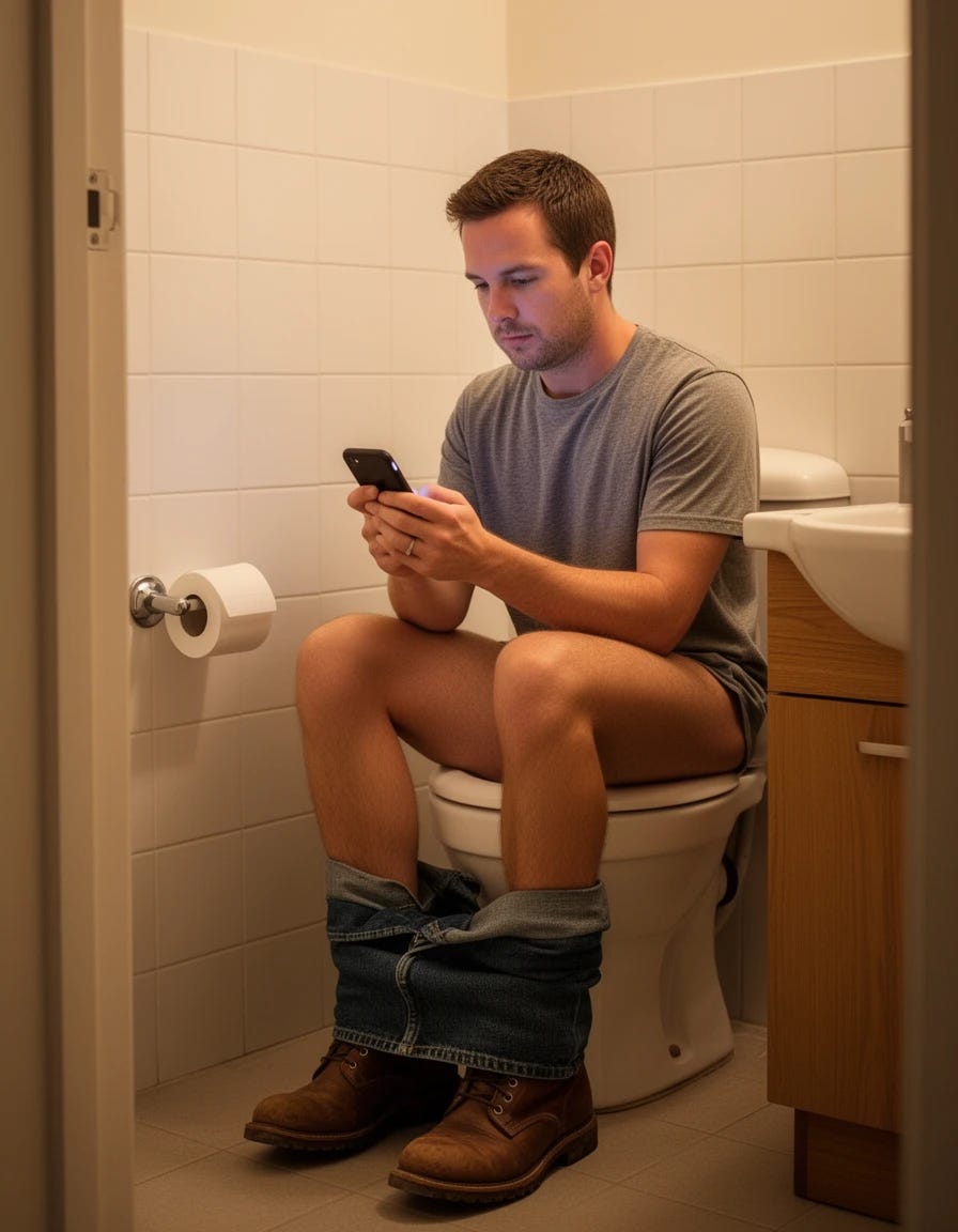 Man sitting on the toilet taking a shit with his pants pulled all the way down to his boots and he's looking at his phone