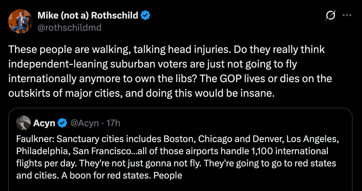 Mike Rothschild on Twitter: These people are walking, talking head injuries. Do they really think independent-leaning suburban voters are just not going to fly internationally anymore to own the libs? The GOP lives or dies on the outskirts of major cities, and doing this would be insane. Mike Rothschild on Twitter: These people are walking, talking head injuries. Do they really think independent-leaning suburban voters are just not going to fly internationally anymore to own the libs? The GOP lives or dies on the outskirts of major cities, and doing this would be insane.