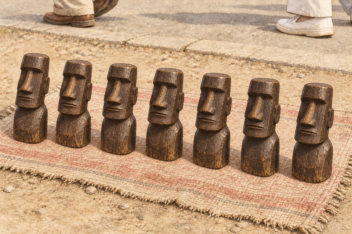 Alt text: Seven matching small dark wooden moai carvings stand in a row on a faded rug. The carvings have the same simple shape, with rough facets and slight differences in the grain and tool marks. Alt text: Seven matching small dark wooden moai carvings stand in a row on a faded rug. The carvings have the same simple shape, with rough facets and slight differences in the grain and tool marks.