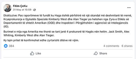 How Mr Çeku Spreads Disinformation: Multiple Profiles, Coordinated Narratives Screenshots illustrating Mr Çeku’s use of multiple Facebook accounts to circulate unfounded allegations and conspiracy narratives targeting the Specialist Chambers and its prosecutors. The posts below reveal a pattern of systematic distortion designed to confuse public understanding and undermine trust in judicial processes.