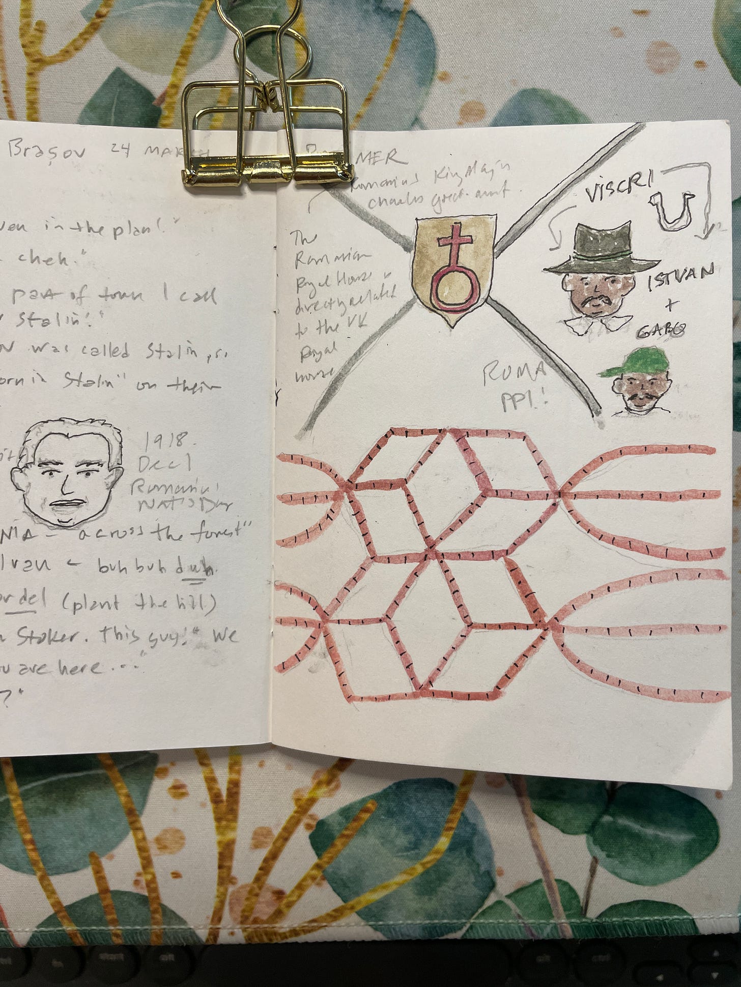 water color spread of handwriting in pencil and some caricatures of people's faces