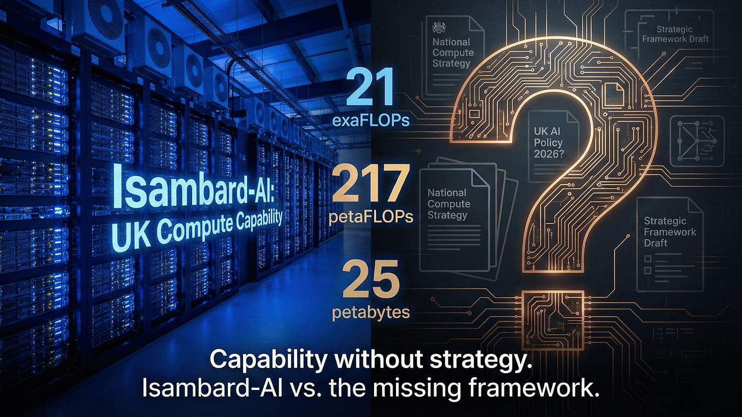Split image showing Isambard-AI supercomputer's impressive specifications alongside question mark representing missing UK compute strategy.