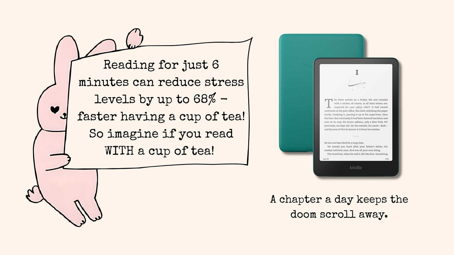 Kindle e-reader showing stress reduction benefits - reading 6 minutes reduces stress by 68 percent for mental wellness