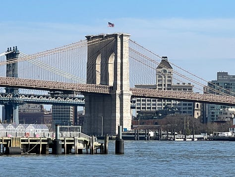 images of streets, rivers and bridges in New York, as well as a photo of two friends