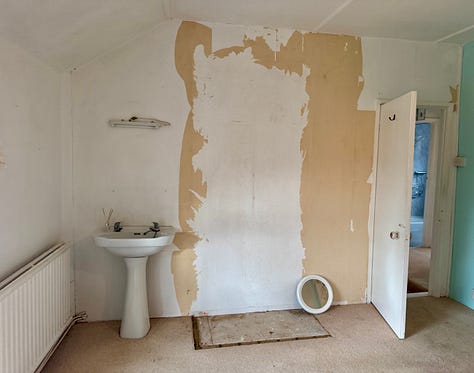 Three images of a bedroom in stages as it gets cleared and then the ceilings and carpets removed