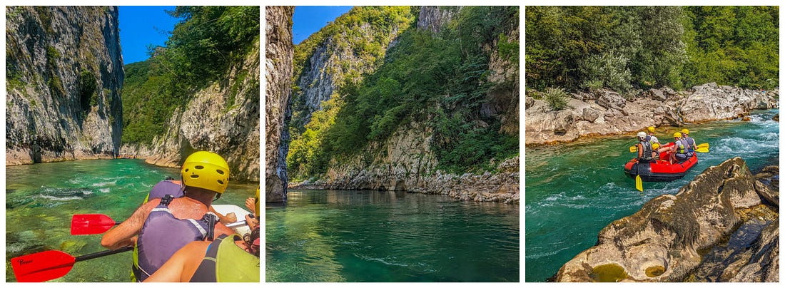 A collage of three photos of the Neretva River showing it's extraordinary green color. 