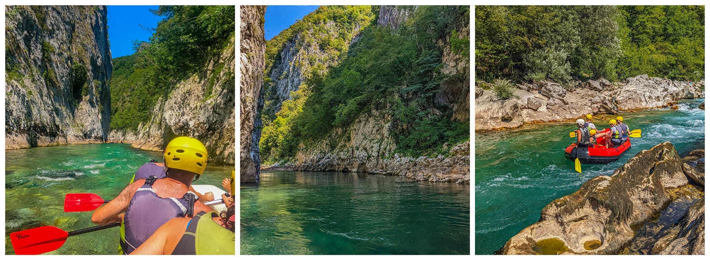 A collage of three photos of the Neretva River showing it's extraordinary green color. 