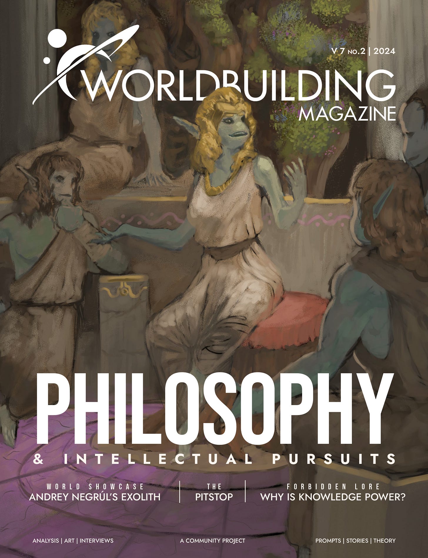 Cover of worldbuilding magazine Philosophy and Intellectual Pursuits. Several blue-skinned humanoids without noses with elf-like ears sit around in roman-style dress. A light especially illuminates one with their arms outstretched as if in philosphical discussion. 