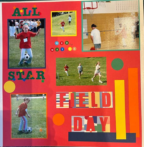 Three images of brightly colored scrapbook pages, featuring photos of an elementary school field day, a newborn baby, and a mischievous prank of a toddler pulling a blanket off of a napping 5 year old girl.