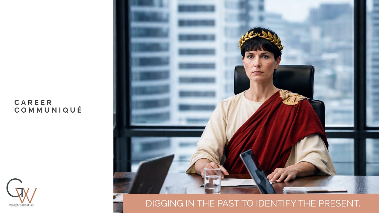 A woman styled as a modern Caesar sits alone in a glass-walled boardroom, blending classical authority with contemporary corporate leadership and signaling how historical power structures persist in the present.