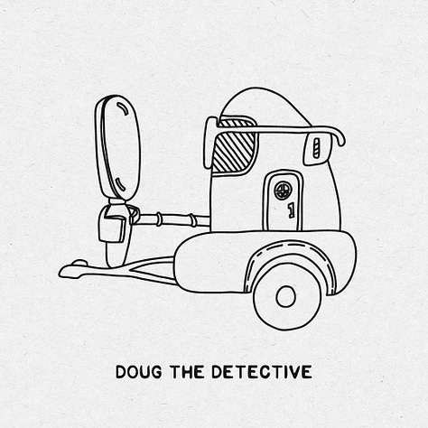 Whimsical trailer concepts, each with a unique name assigned such as Bob the Bomb, Jerry the Jailbird, Doug the Detective, Cory the Accordion, Debbie the Door, Dilbert the Diner, Micky the Misunderstood, Carrie the Carriage, Klein the Inclined