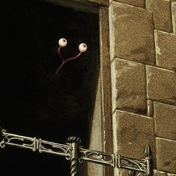 LEFT: Detail from THE FLOATING EYES featuring a closer view of the dark recess on the balcony with a pair of disembodied eyes connected by a forking optic nerve. RIGHT: Close detail from THE FLOATING EYES isolated the pair of disembodied eyes set against the shadow of the doorway on the balcony of the Dark Tower.