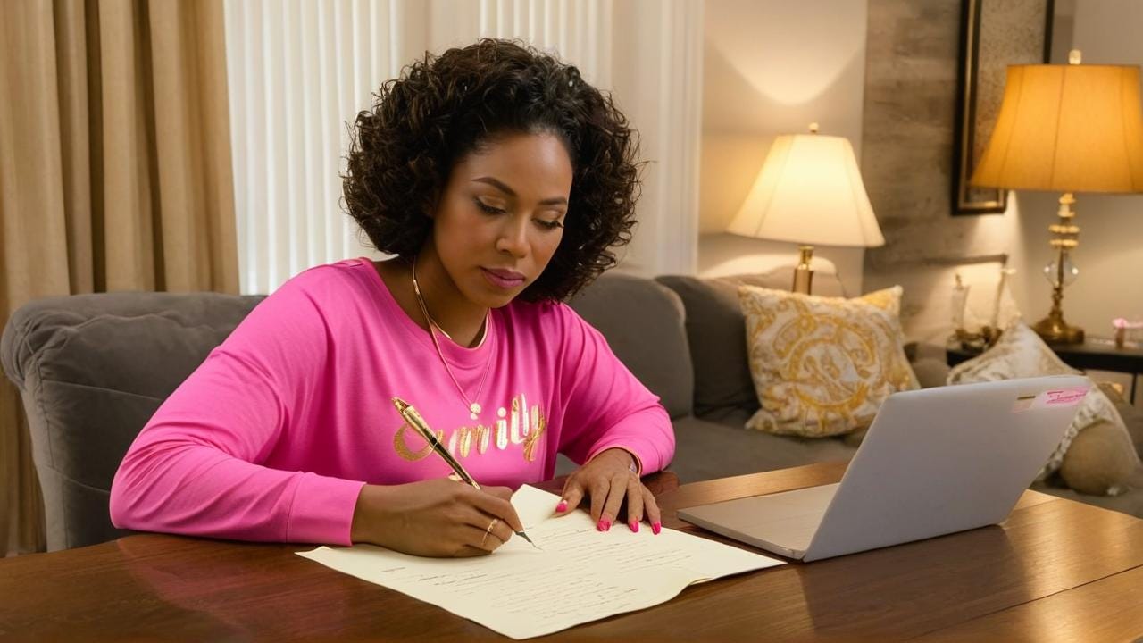 African American woman sitting in the family room sitting at the table writing a letter with pretty pink and gold shirt on