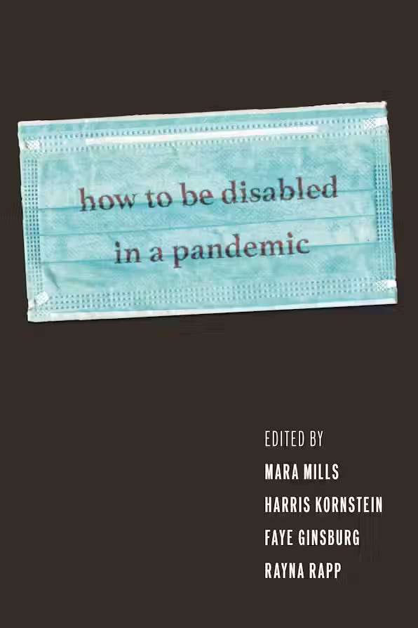 A book cover features a blue surgical mask against a black background.