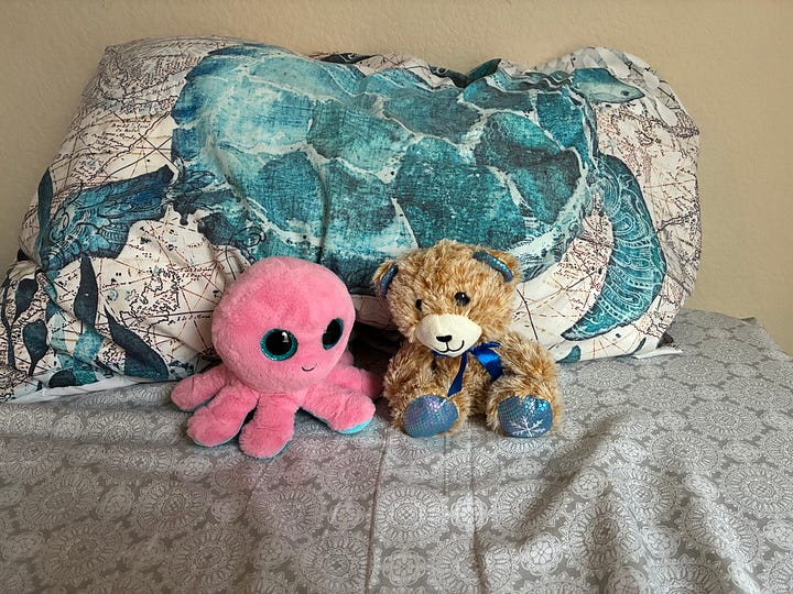 photos of stuffed animals (octopus, bear, koala, sloth, and sea turtle) 