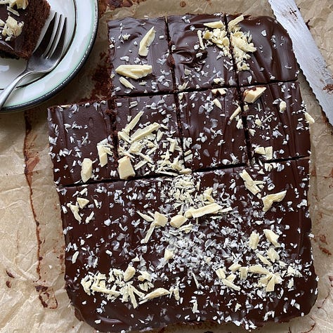 Vegetable pasties. Beetroot and chocolate brownies. Chocolate traybake with a chocolate glaze.