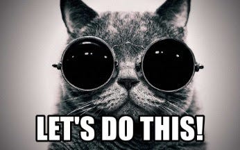 The face of a tabby cat wearing steampunk sunglasses. Over it are the words ''LET'S DO THIS!''