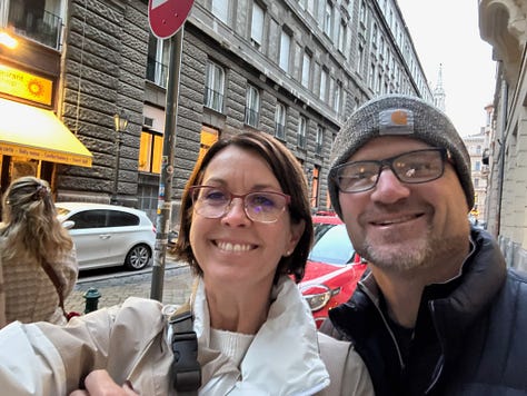 Photos of architecture and a selfie of us in Budapest, Hungary