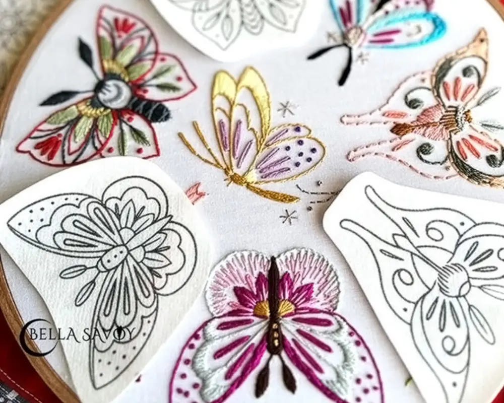 stick and stitch stickers with moth designs set next to a finished design