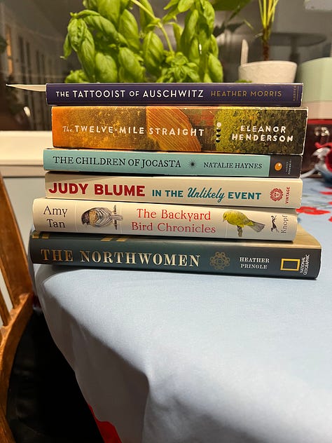 Ventura harbor with boat masts. Red boat. Blue boat. Rose, Natalie and Max eating ice cream. Free mermaid advice: Keep calm and wear pearls. Two dogs sitting together on a rug. A stack of books. Sunset through the trees.
