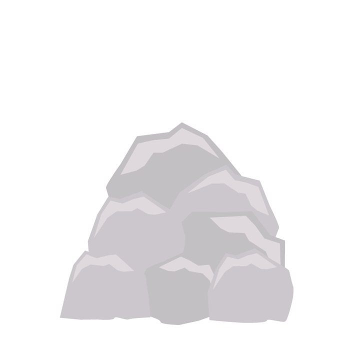 A grimacing person rises from a pile of rocks with their fist high in the air, small pieces of rock scattering around the fist.