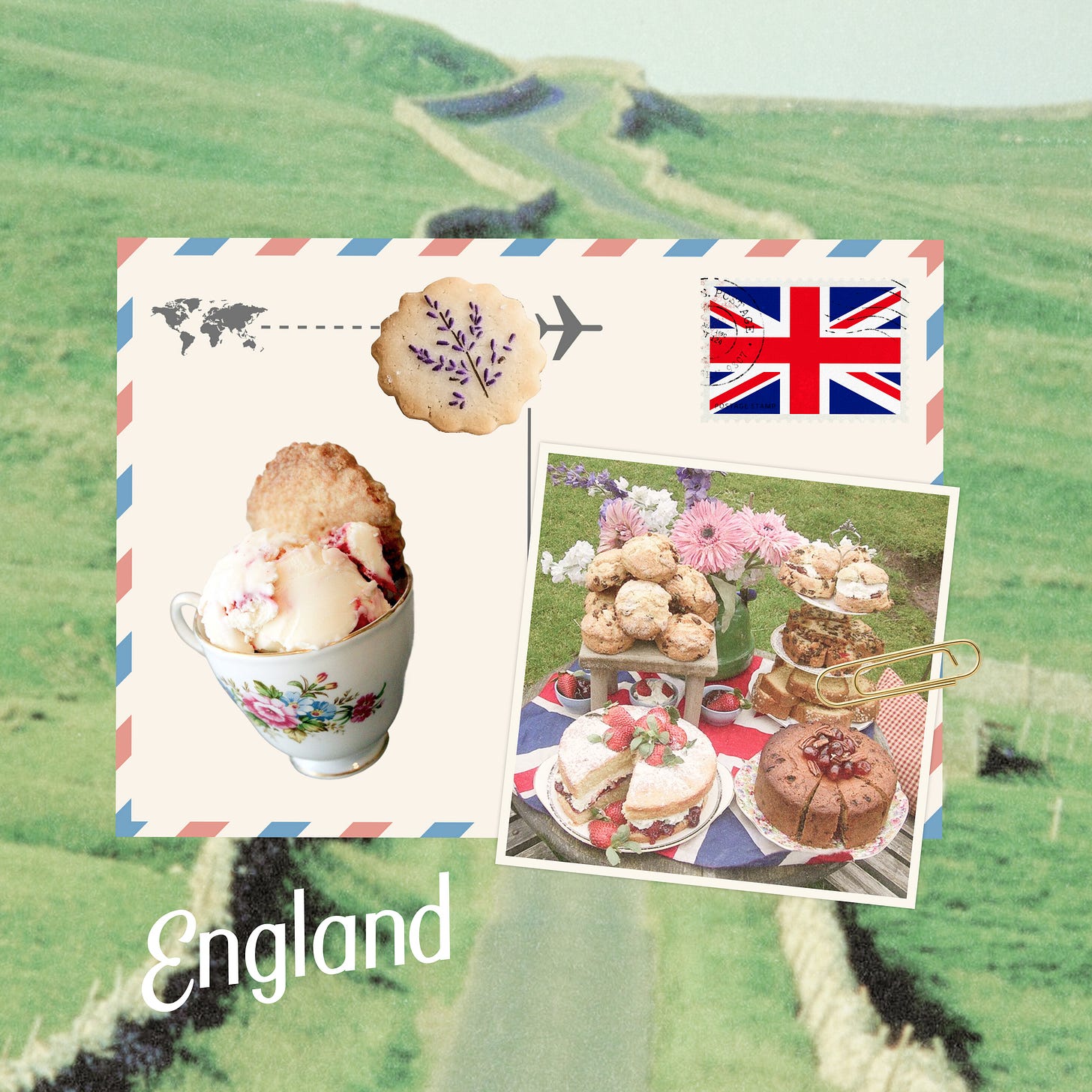 An England-themed postcard collage featuring ice cream in a floral teacup, a photo of scones and cakes at an outdoor spread, and a Union Jack stamp. An England-themed postcard collage featuring ice cream in a floral teacup, a photo of scones and cakes at an outdoor spread, and a Union Jack stamp.