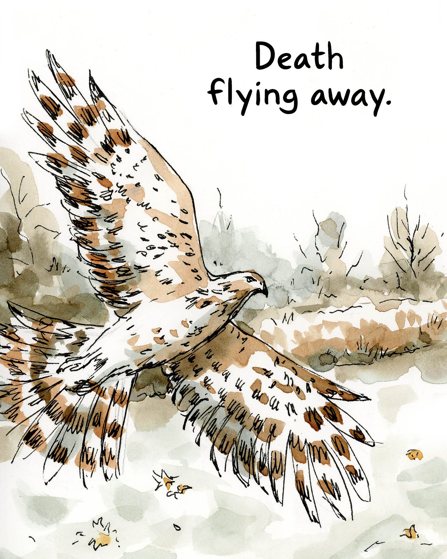 Watercolor comic page by graphic novelist K. Woodman-Maynard of an eagle flying. Text reads, ”Death flying away.” Watercolor comic page by graphic novelist K. Woodman-Maynard of an eagle flying. Text reads, ”Death flying away.”