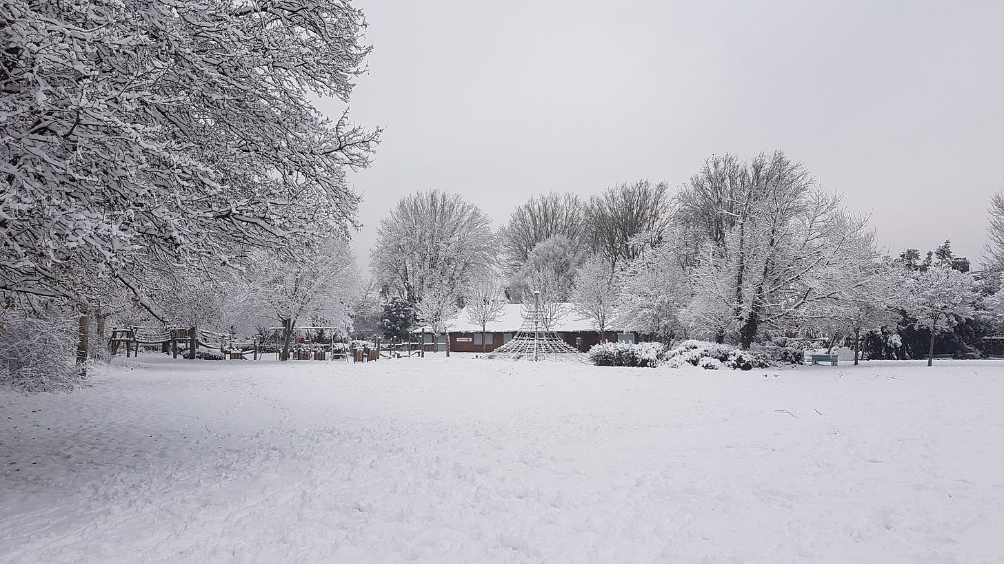 A photo of a small park covered in snow, with a grey sky.