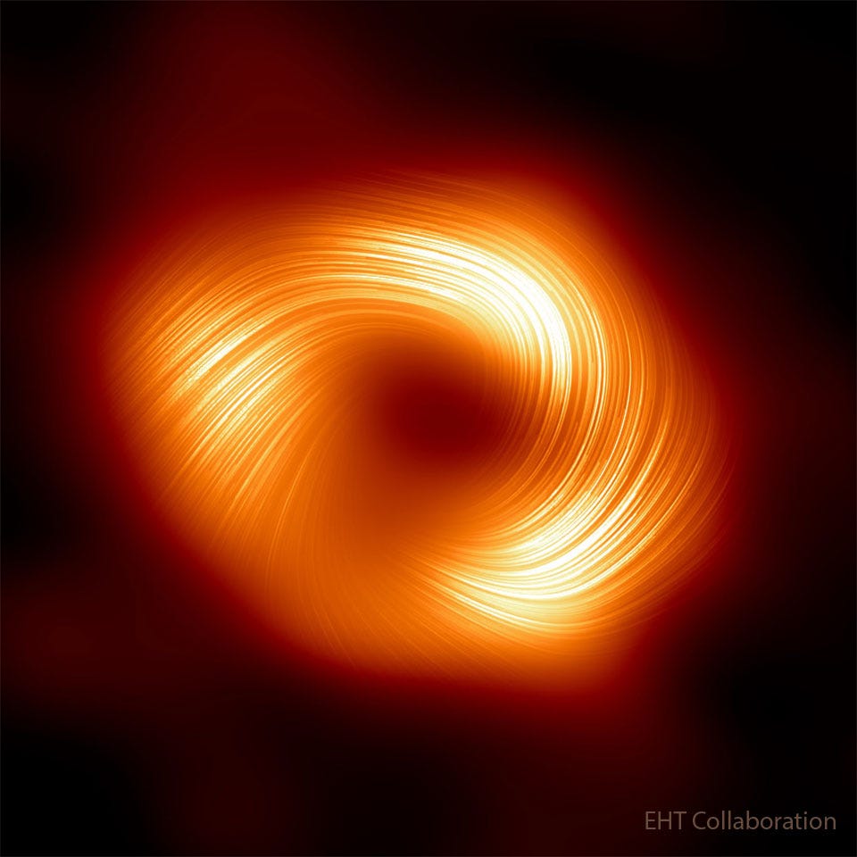 A donut-shaped orange figure is seen with lines
extending along the emission in a swirling pattern.
Please see the explanation for more detailed information. A donut-shaped orange figure is seen with lines
extending along the emission in a swirling pattern.
Please see the explanation for more detailed information.