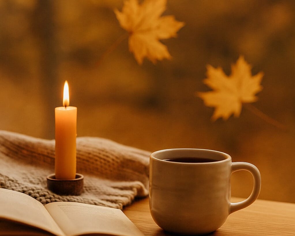 A warm autumn scene with a candle, cup of tea, and open book by the window, surrounded by golden leaves — evoking calm, reflection, and comfort.