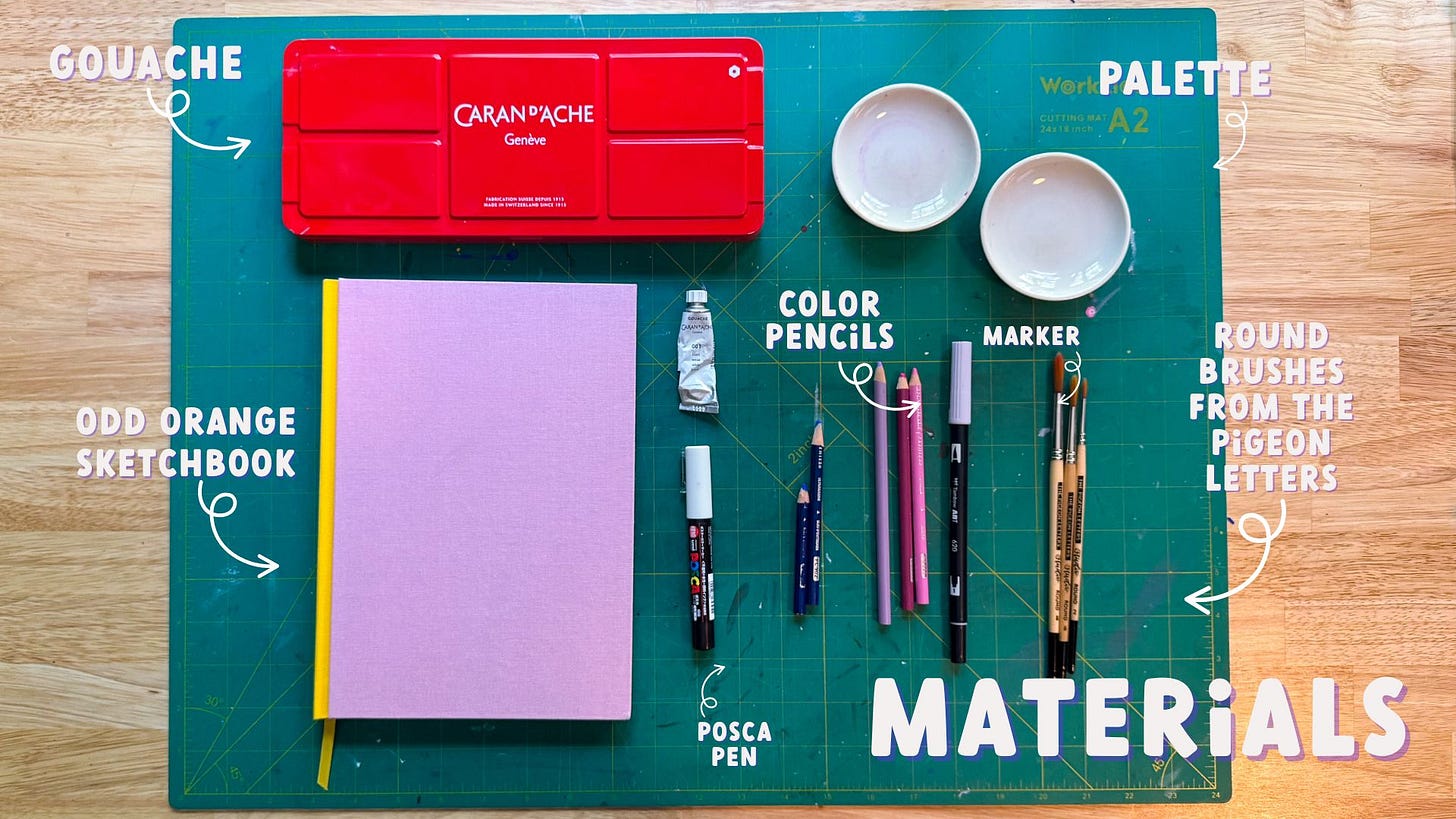 A flatlay of various art supplies laid out on a desk. A gouache paint set, a sketchbook, two palette dishes, a tube of goauche, a posca pen, some colored pencils, and some paintbrushes