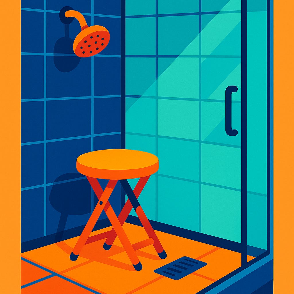 Flat vector art: foldable stool in a glass-walled shower, dynamic bold colors