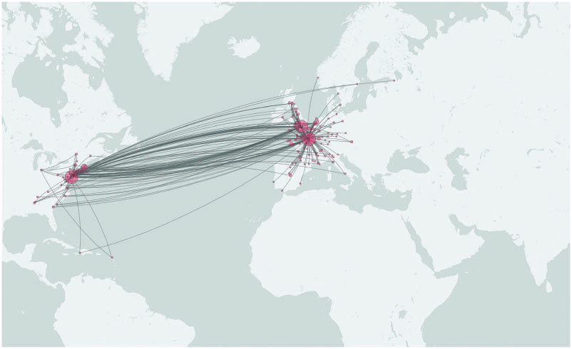 World map highlighting major flight routes and connections centered on europe and asia, with dense network lines and hub points. World map highlighting major flight routes and connections centered on europe and asia, with dense network lines and hub points.
