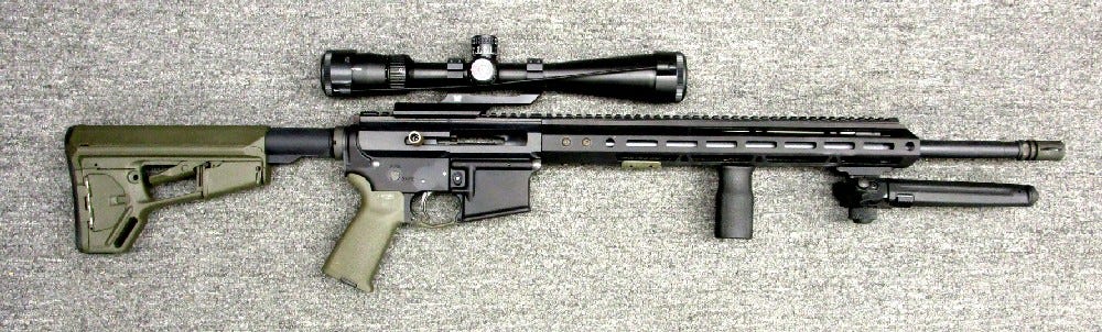 AR-15 with scope, barrel handle, and attached bipod.
