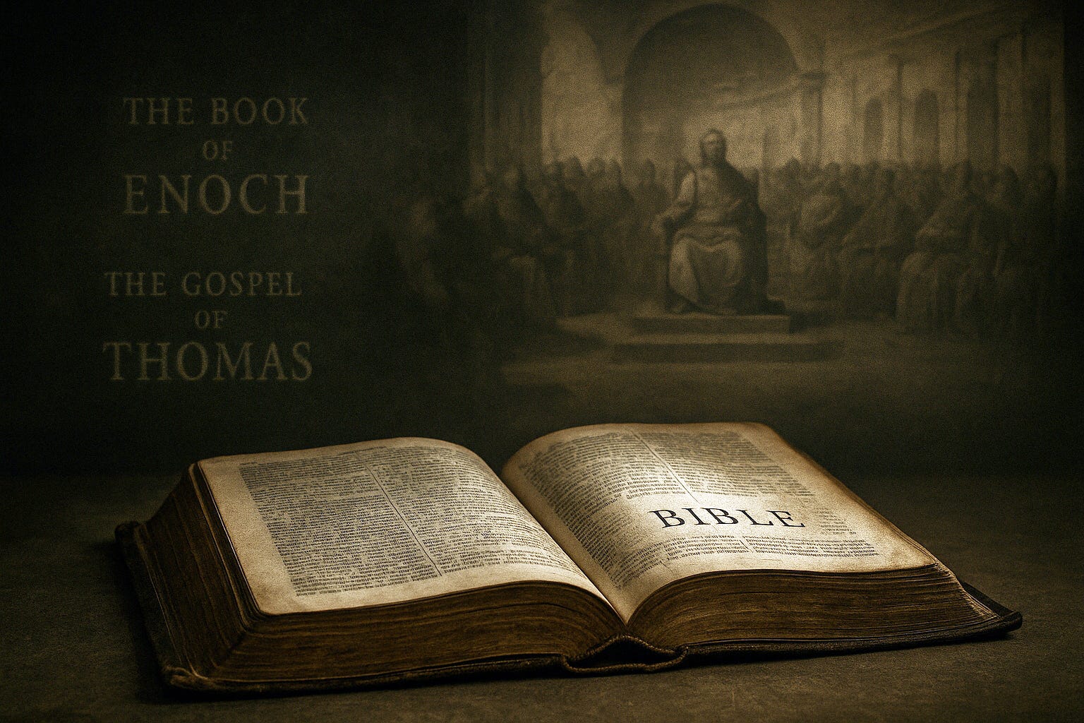 An open Bible with faded pages, shrouded in mystery, symbolizing the suppressed verses and hidden books of the Bible, with the Council of Nicaea in the background. An open Bible with faded pages, shrouded in mystery, symbolizing the suppressed verses and hidden books of the Bible, with the Council of Nicaea in the background.