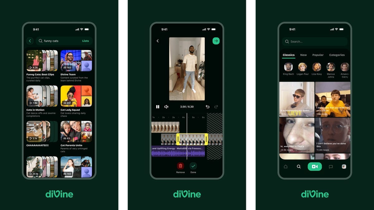 three screenshots of the Divine app