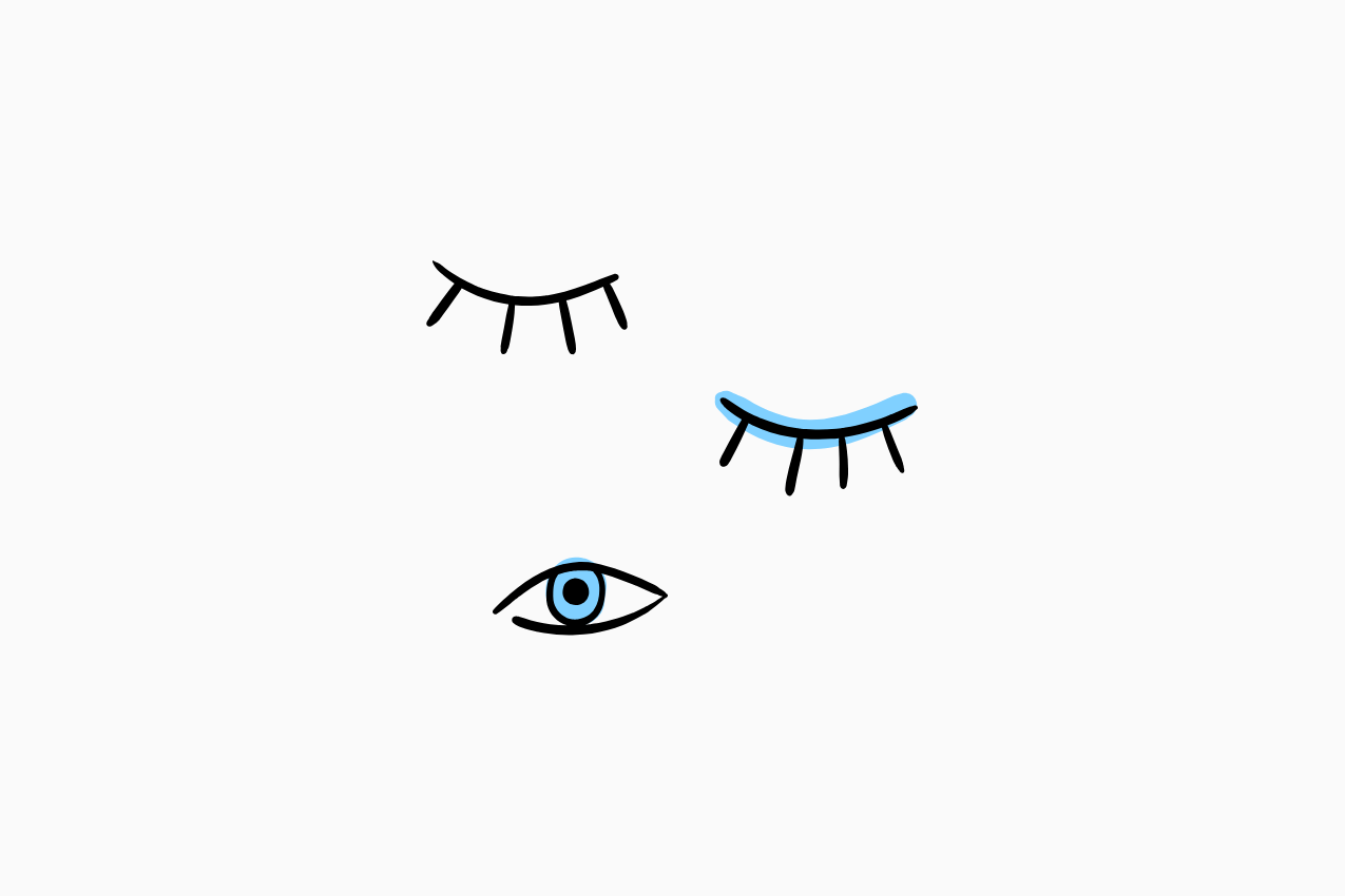 Title card for the Drawing Conclusions series at The Subtext Review, featuring three hand-drawn eyes in a staggered arrangement, two closed and one open, set against a cream background in representation of the literary cartoon “Sisyphus 2.0.”