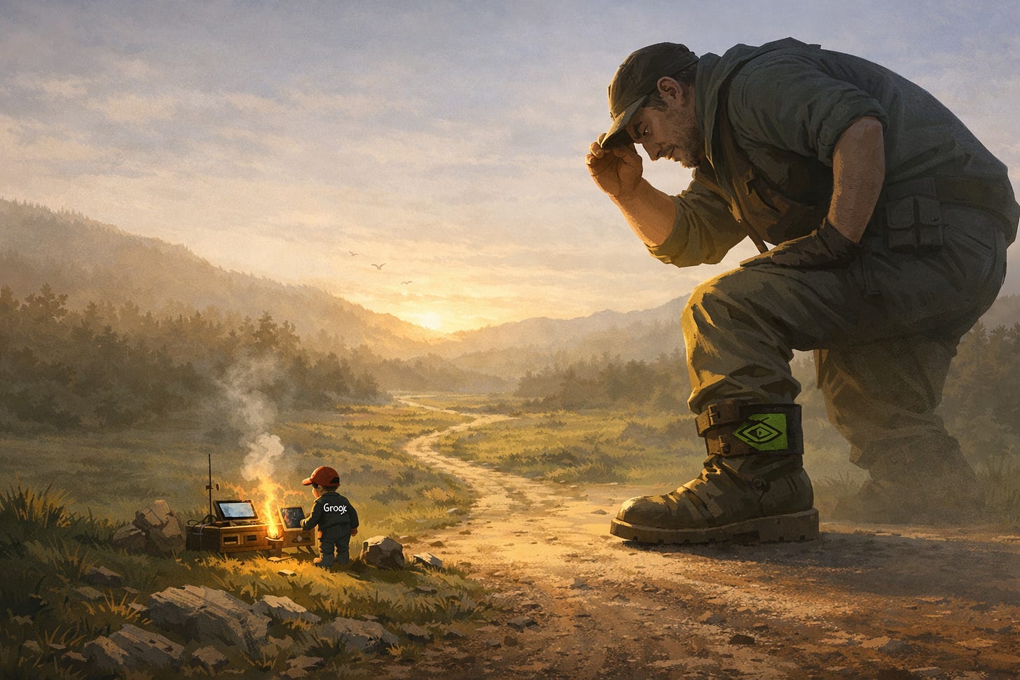 Illustration depicting Nvidia as a large figure acquiring or absorbing a smaller Groq character.