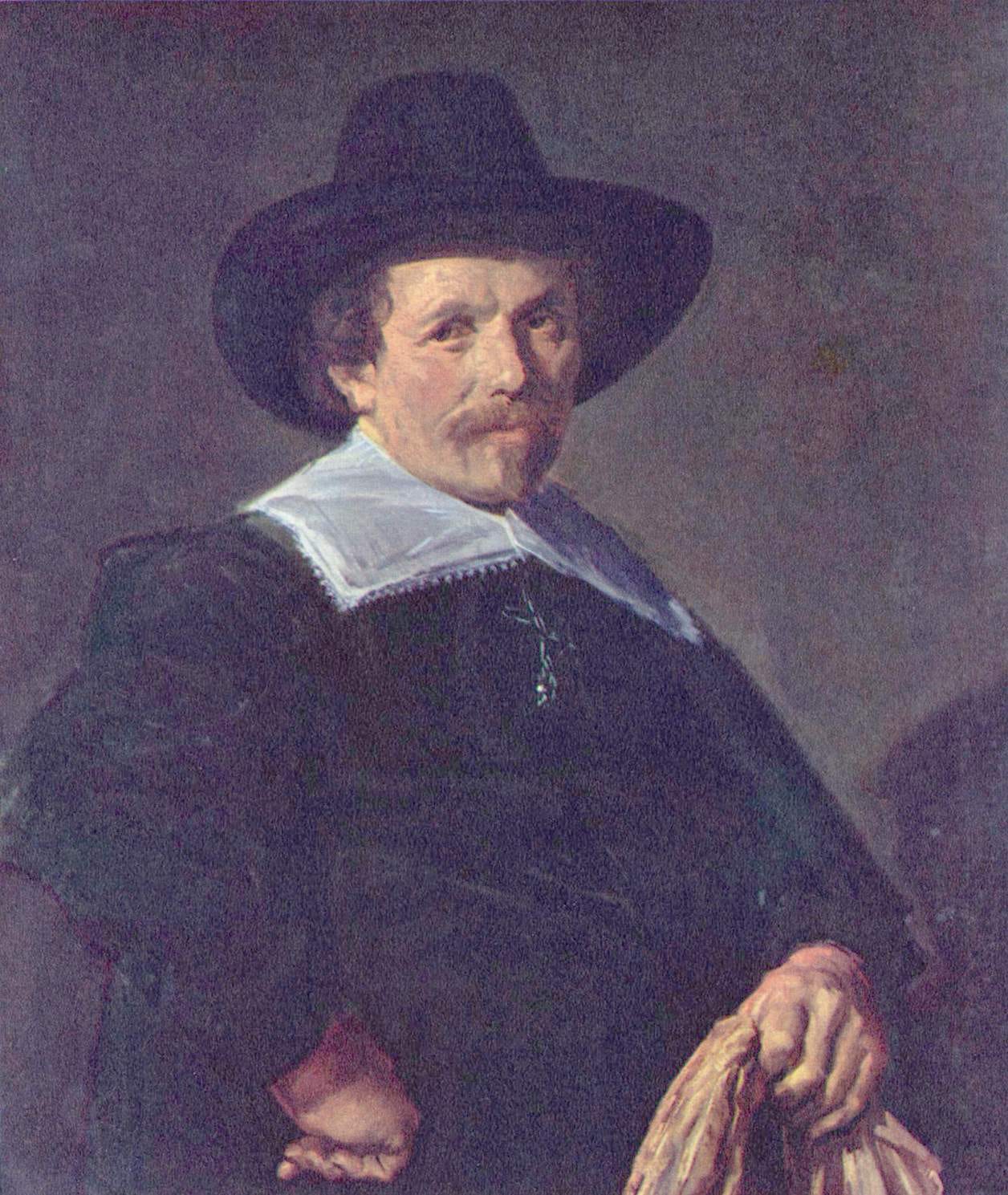 Frans Hals, Portrait of a Man holding Gloves, about 1645: a man in dark clothes raising a pair of gloves in his left hand Frans Hals, Portrait of a Man holding Gloves, about 1645: a man in dark clothes raising a pair of gloves in his left hand