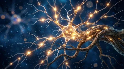 An abstract silhouette of a human body with glowing neural pathways resembling tree roots.