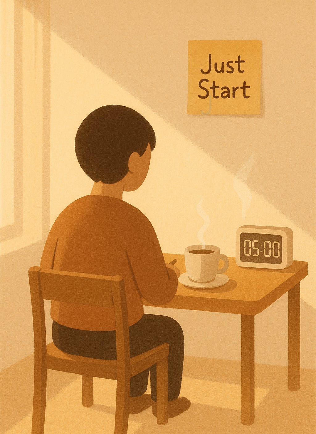 A cozy desk scene showing a person starting a task with a five-minute timer and a note saying “Just Start” — symbolizing the ADHD strategy of small activation steps.