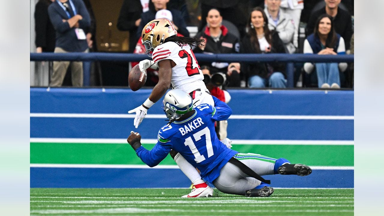 Seahawks linebacker Jerome Baker (17) at the Week 6 matchup against the San Francisco 49ers at Lumen Field on Thursday, October 10, 2024.
