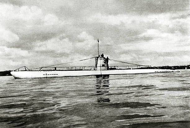 The German submarine U-boat U-7 of the Kriegsmarine on patrol during World War II circa 1940. The Type IIB submarine was launched in 1935 and...