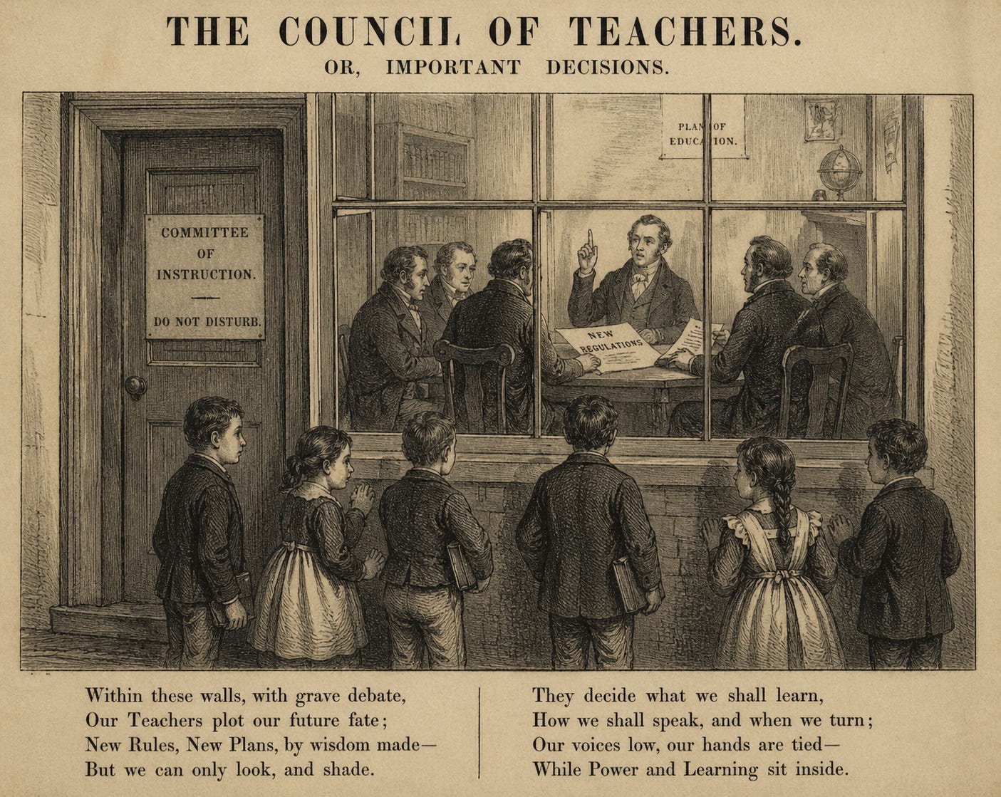 Black-and-white illustrated print titled “The Council of Teachers, or Important Decisions.” Through a window, six adult men sit around a table in a meeting room; one man gestures with a raised finger while others listen. Papers labeled “New Regulations” lie on the table, and a wall sign reads “Plan of Education.” On the door to the left, a sign says “Committee of Instruction. Do Not Disturb.” Outside the window, a group of children—boys and girls in 19th-century clothing—stand watching; several hold books. At the bottom, a poem in two columns describes teachers deciding students’ learning while the children observe from outside. Black-and-white illustrated print titled “The Council of Teachers, or Important Decisions.” Through a window, six adult men sit around a table in a meeting room; one man gestures with a raised finger while others listen. Papers labeled “New Regulations” lie on the table, and a wall sign reads “Plan of Education.” On the door to the left, a sign says “Committee of Instruction. Do Not Disturb.” Outside the window, a group of children—boys and girls in 19th-century clothing—stand watching; several hold books. At the bottom, a poem in two columns describes teachers deciding students’ learning while the children observe from outside.