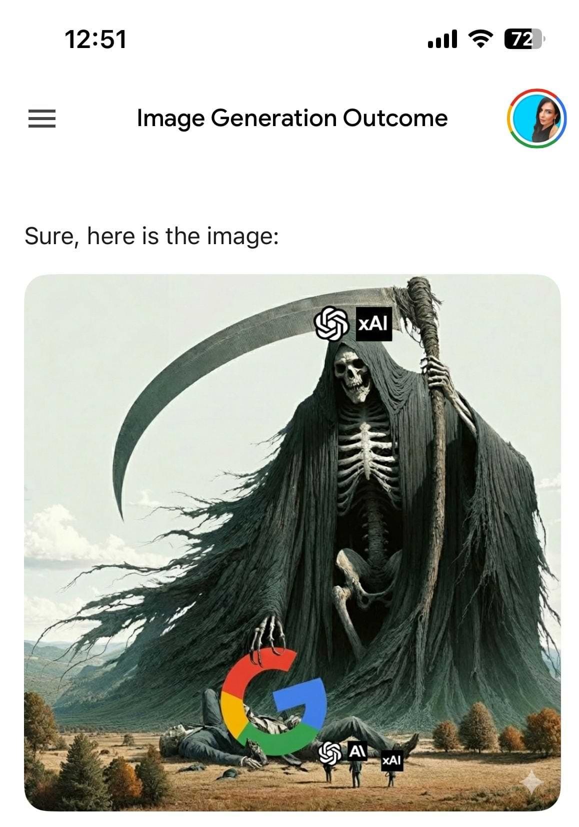 Screenshot of Google’s Nano Banana Pro showing the generated image: a huge grim reaper with the OpenAI and xAI logos over its head, standing above a large human-like body lying on the ground covered by the Google “G” logo, with smaller OpenAI and xAI logos near its feet. The interface text says, “Sure, here is the image.”