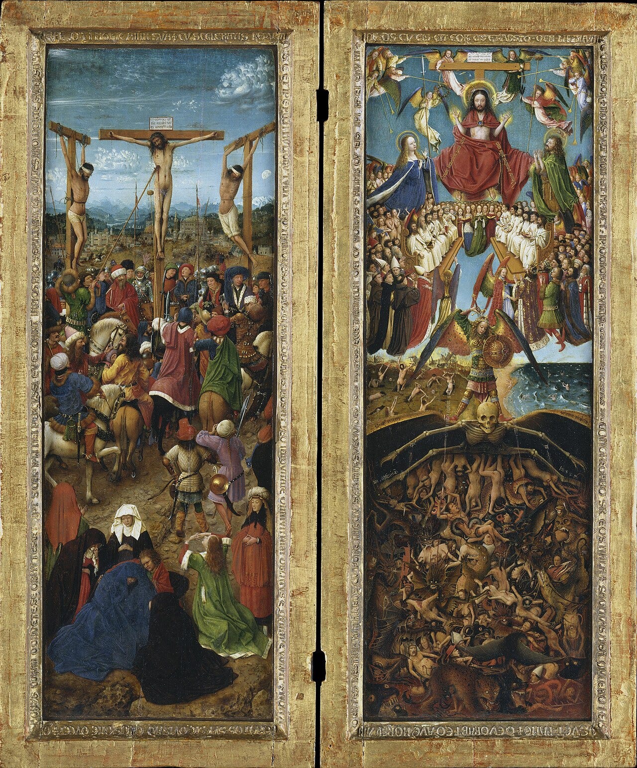 Van Eyck's Crucifixion panel with a waning moon low in the daytime sky above Golgotha Van Eyck's Crucifixion panel with a waning moon low in the daytime sky above Golgotha