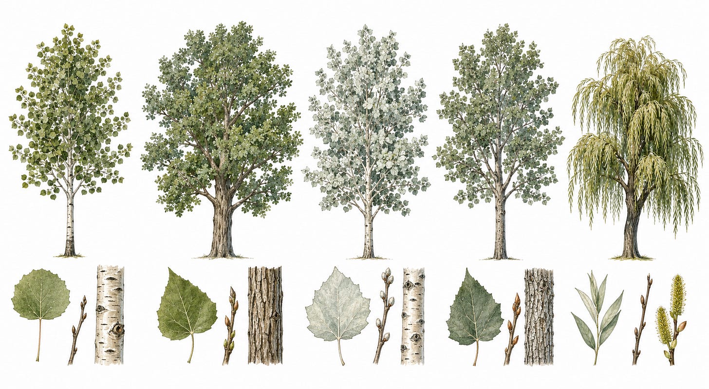 Trembling Aspen, Eastern Cottonwood, White Poplar, Grey Poplar, and Meadow Willow 