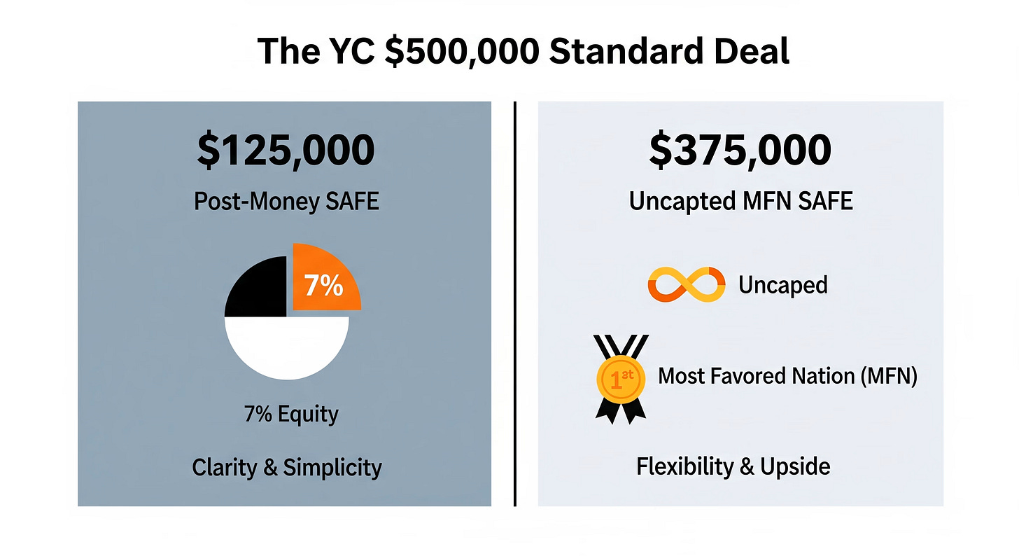 Infographic showing Y Combinator’s $500,000 SAFE deal structure, including a $125K post-money SAFE for 7% equity and a $375K uncapped MFN SAFE.