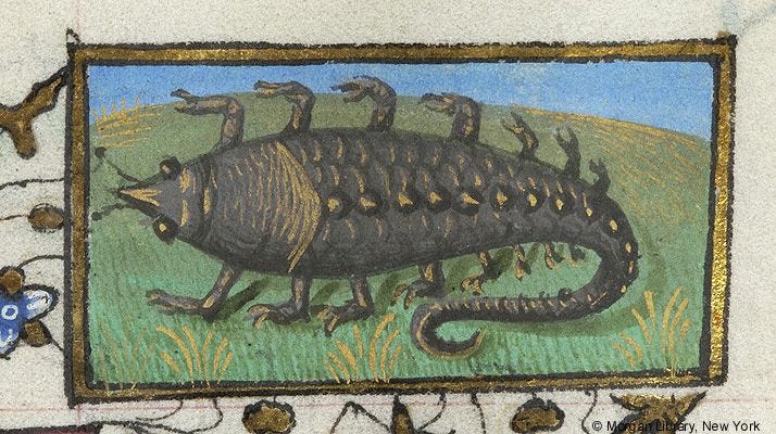 Book of Hours, MS M.1003 fol. 10r - Zodiac Sign: Scorpio -- Scorpion-like  creature with seven pairs of legs. | Book of hours, Medieval art,  Illustration art
