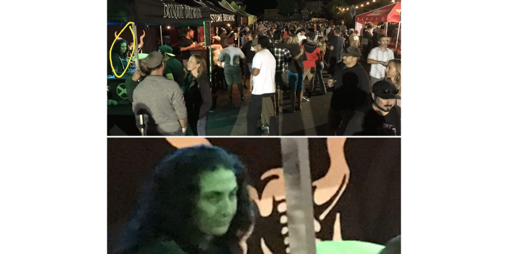 A collage. In the top picture is a street crowded with people and lined with beer tents. I am standing in the tent on the far left, serving beer to a customer while a green light fills the tent. The bottom picture is a zoomed in image of my face from the above scene, my expression showing pursed lips and narrowed eyes. Definitely not the smiling, friendly face I thought I’d been wearing. A collage. In the top picture is a street crowded with people and lined with beer tents. I am standing in the tent on the far left, serving beer to a customer while a green light fills the tent. The bottom picture is a zoomed in image of my face from the above scene, my expression showing pursed lips and narrowed eyes. Definitely not the smiling, friendly face I thought I’d been wearing.